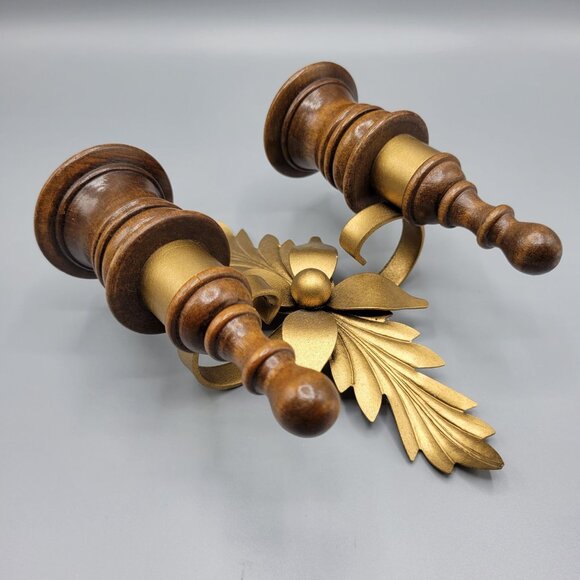 Vintage Homco Home Interiors Wall Sconce Candle Holder Gold Painted Metal Wood - Picture 3 of 9
